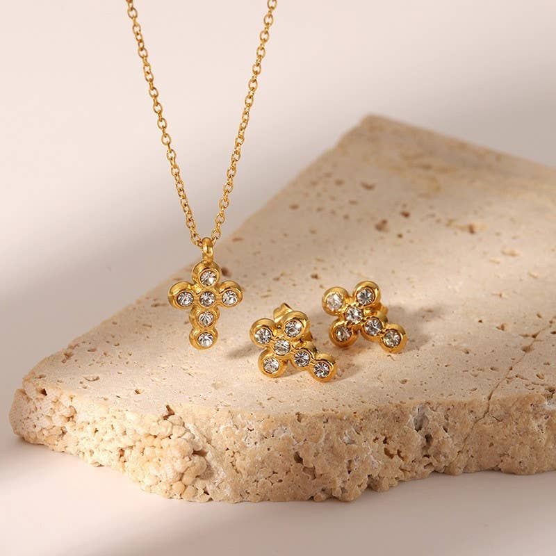 18K Gold Stainless Steel Rhinestone Cross Necklace