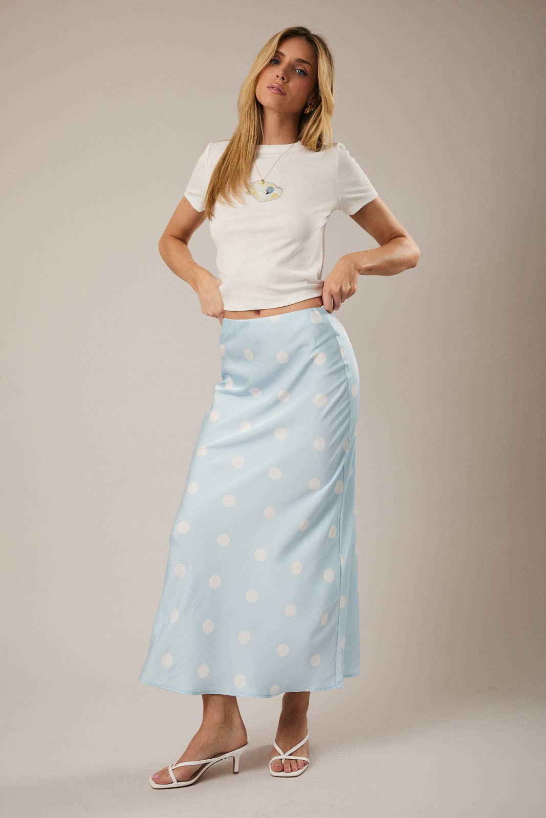 Polka Dot Satin Midi Skirt