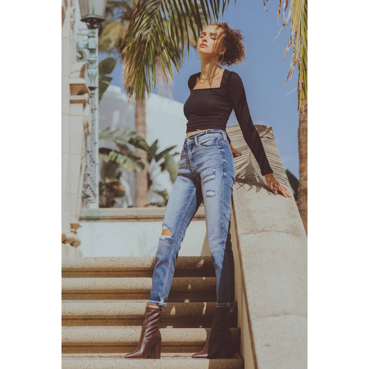 High Rise Distressed Mom Jeans | Medium Wash