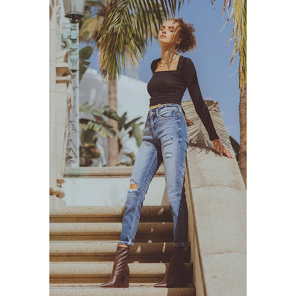 High Rise Distressed Mom Jeans | Medium Wash