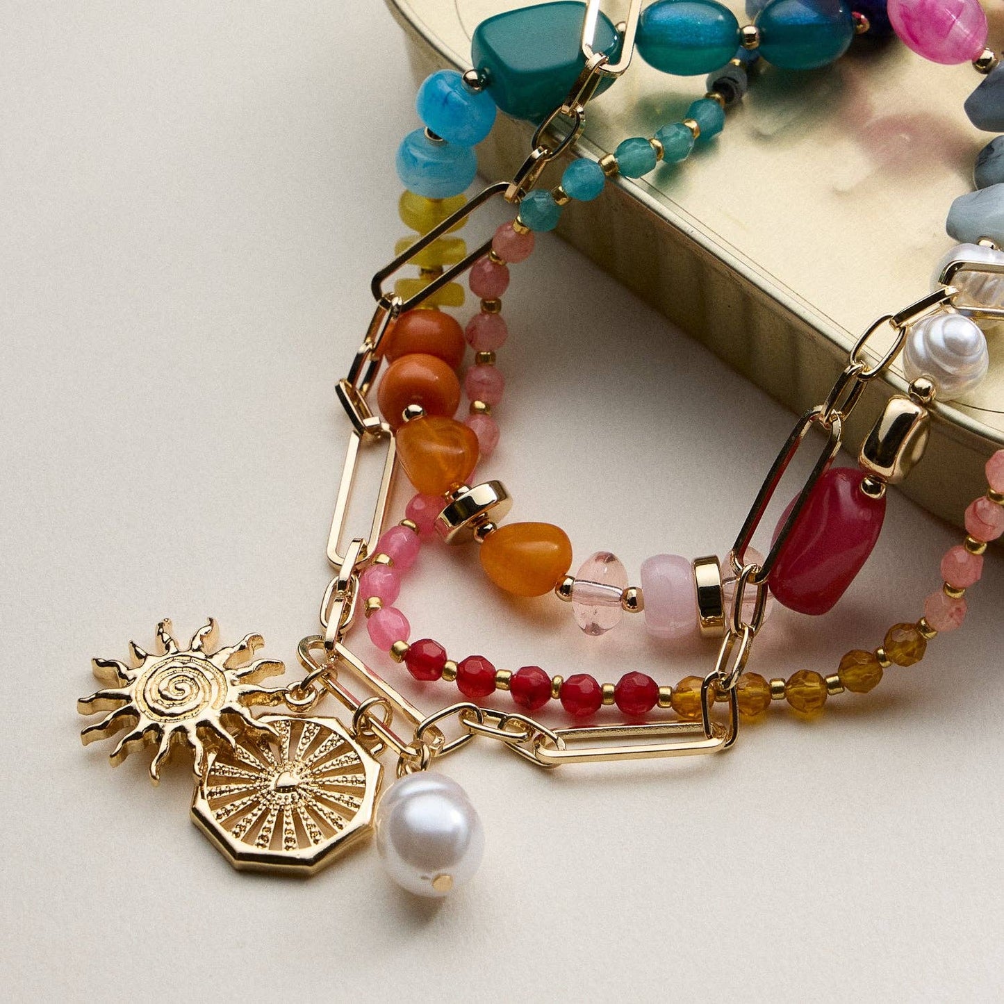 Layered Beaded and Chain Necklace with Sun and Pearl Charms