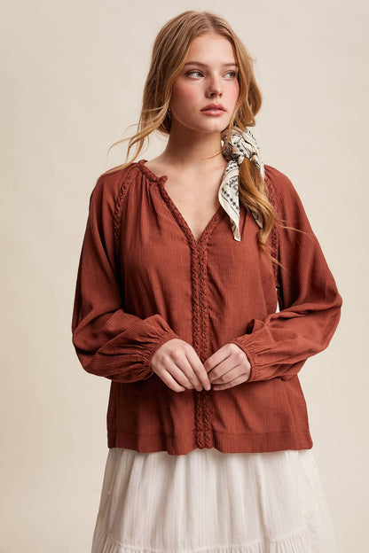 Braided Trim Split V-Neck Blouse