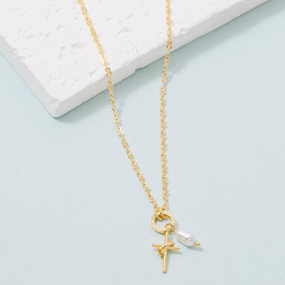 Pearl And Cross Charms Dainty Chain Necklace