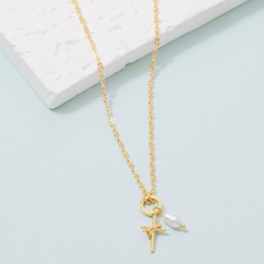 Pearl And Cross Charms Dainty Chain Necklace