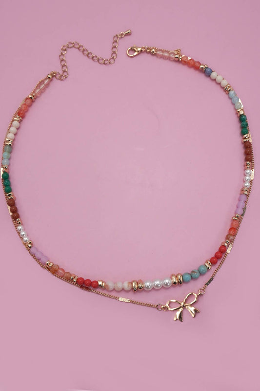 Beaded Bow Double Layer Necklace