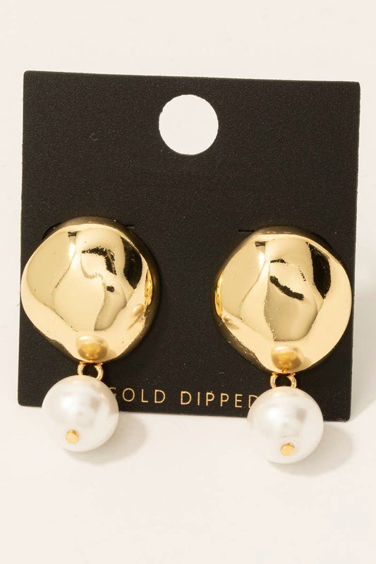 Gold Dipped Pearl Charm Shield Stud Earrings