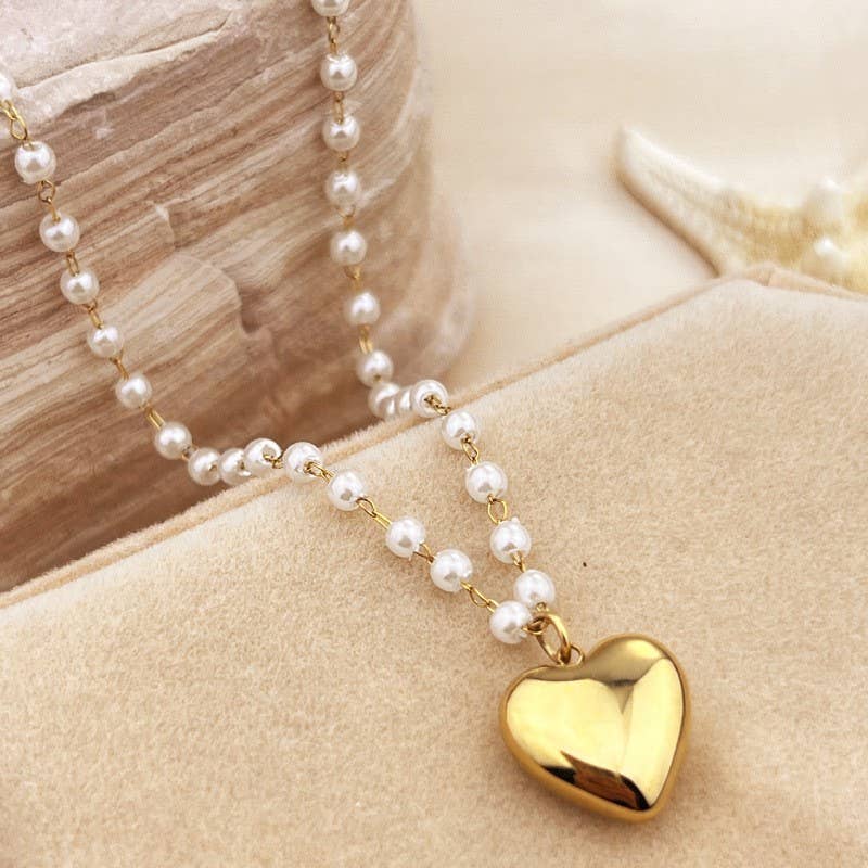 18K Gold Stainless Steel Heart & Pearl Station Necklace