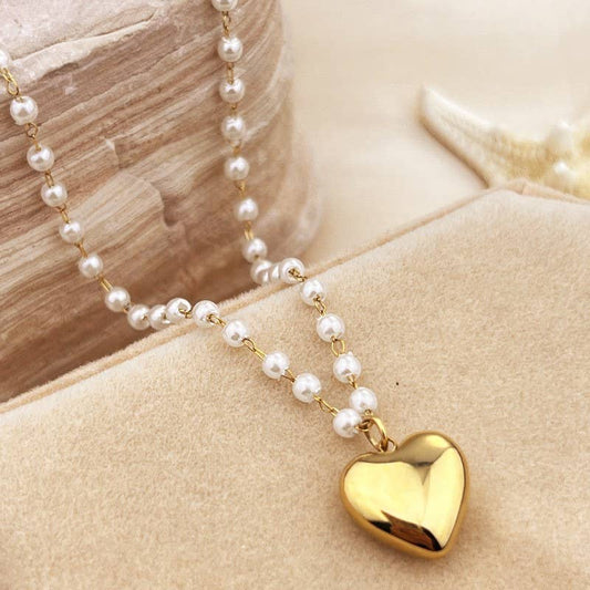 18K Gold Stainless Steel Heart & Pearl Station Necklace
