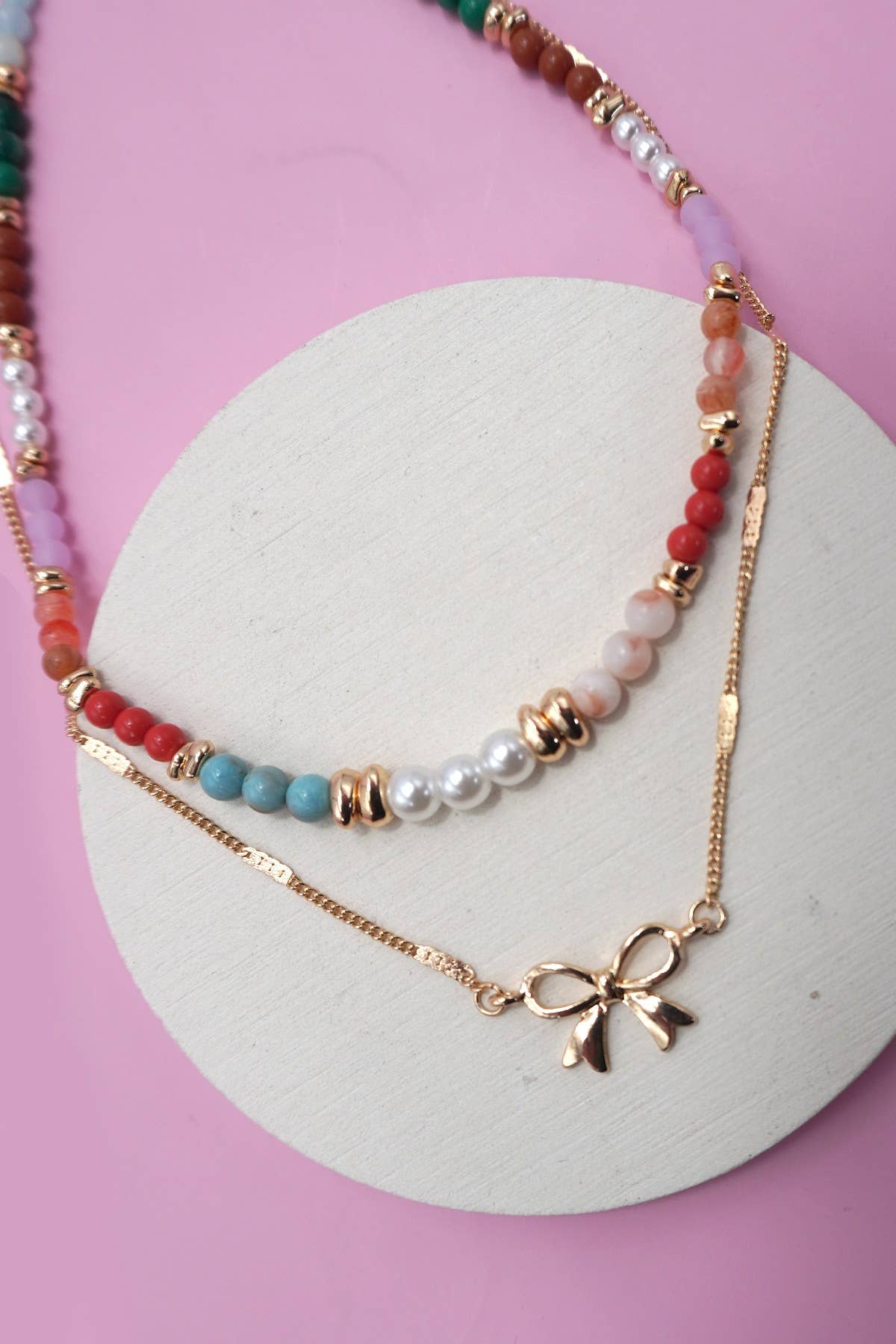 Beaded Bow Double Layer Necklace
