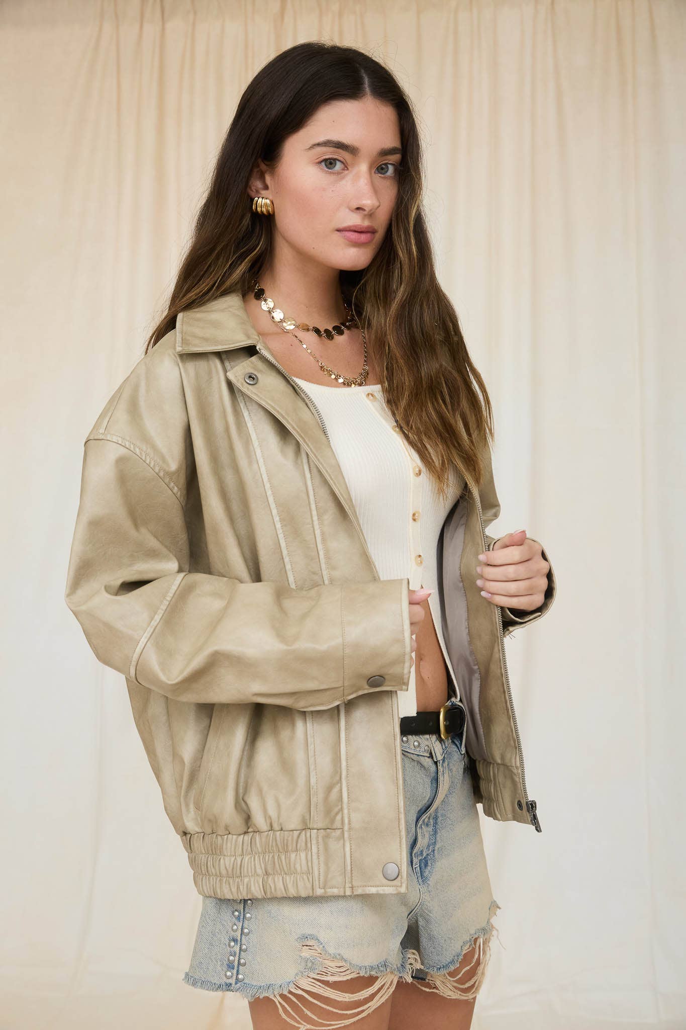 Washed Faux Leather Collared Zip-Up Jacket