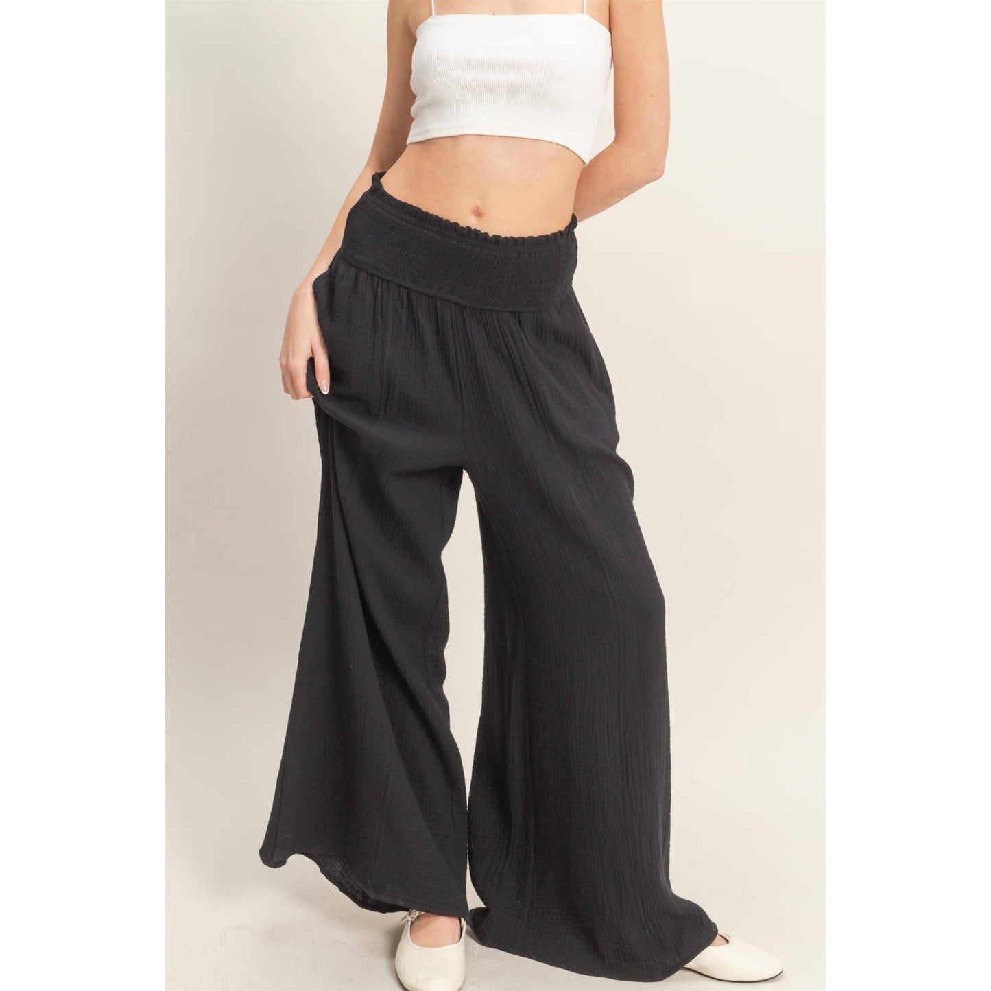 Smocked Waist Wide-Leg Pants