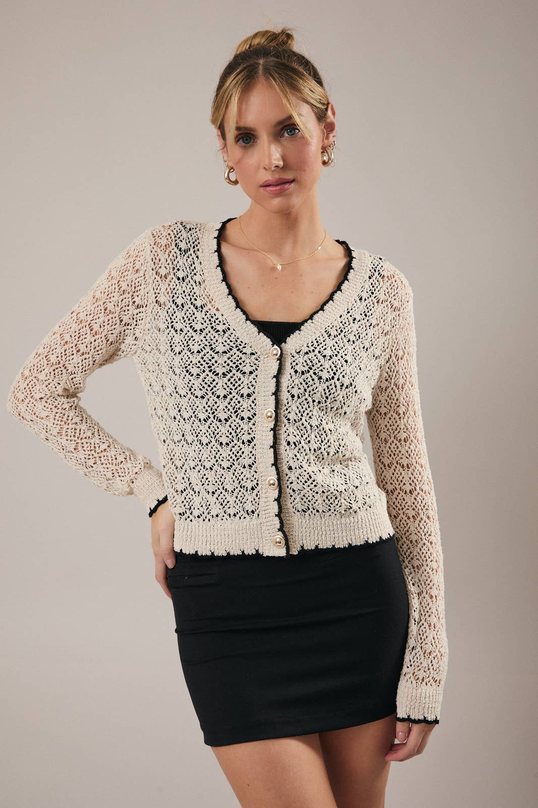 V-Neck Long Sleeve Button Up Crochet Cardigan