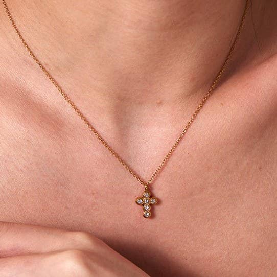 18K Gold Stainless Steel Rhinestone Cross Necklace