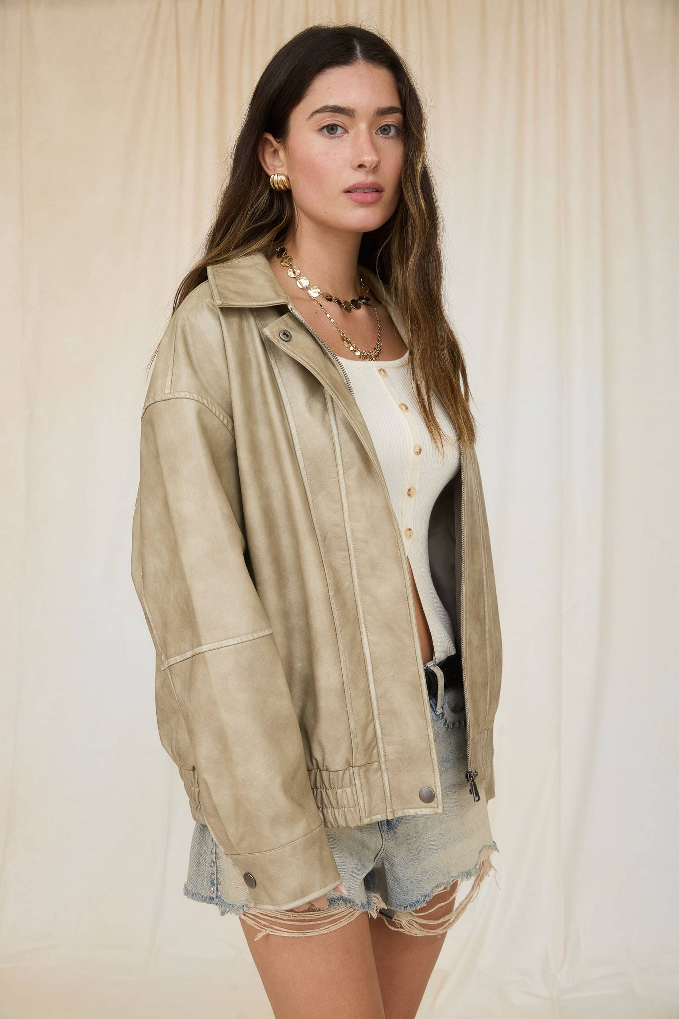 Washed Faux Leather Collared Zip-Up Jacket