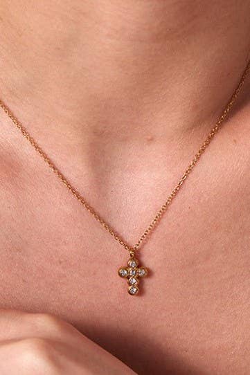 18K Gold Stainless Steel Rhinestone Cross Necklace