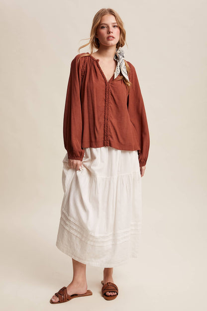 Braided Trim Split V-Neck Blouse