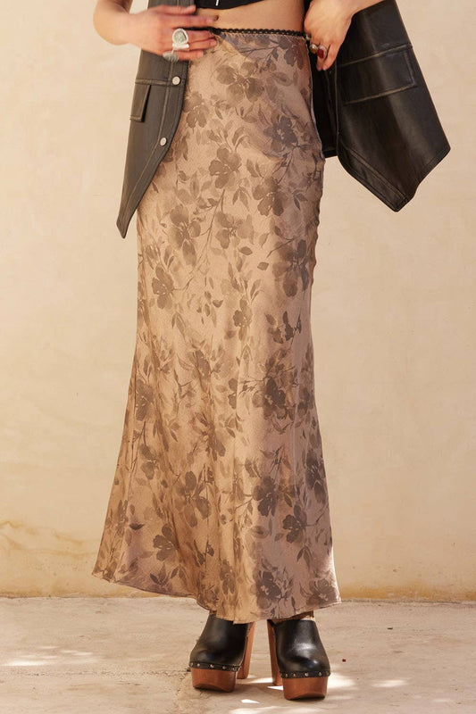 Floral-Print Satin Maxi Skirt