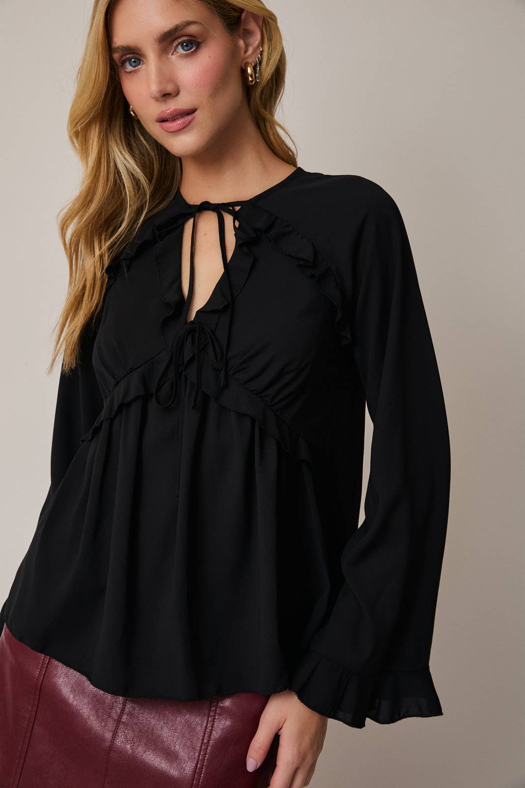 Long Sleeve Front Tie Ruffle Blouse