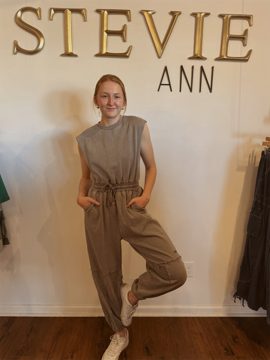 Drawstring Waist Sleeveless Mineral Washed Jumpsuit