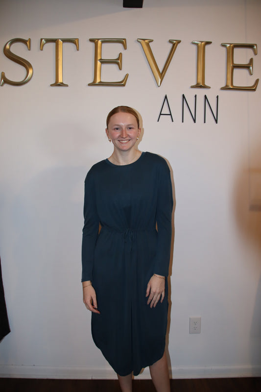 Drawstring Waist Long Sleeve Midi Dress