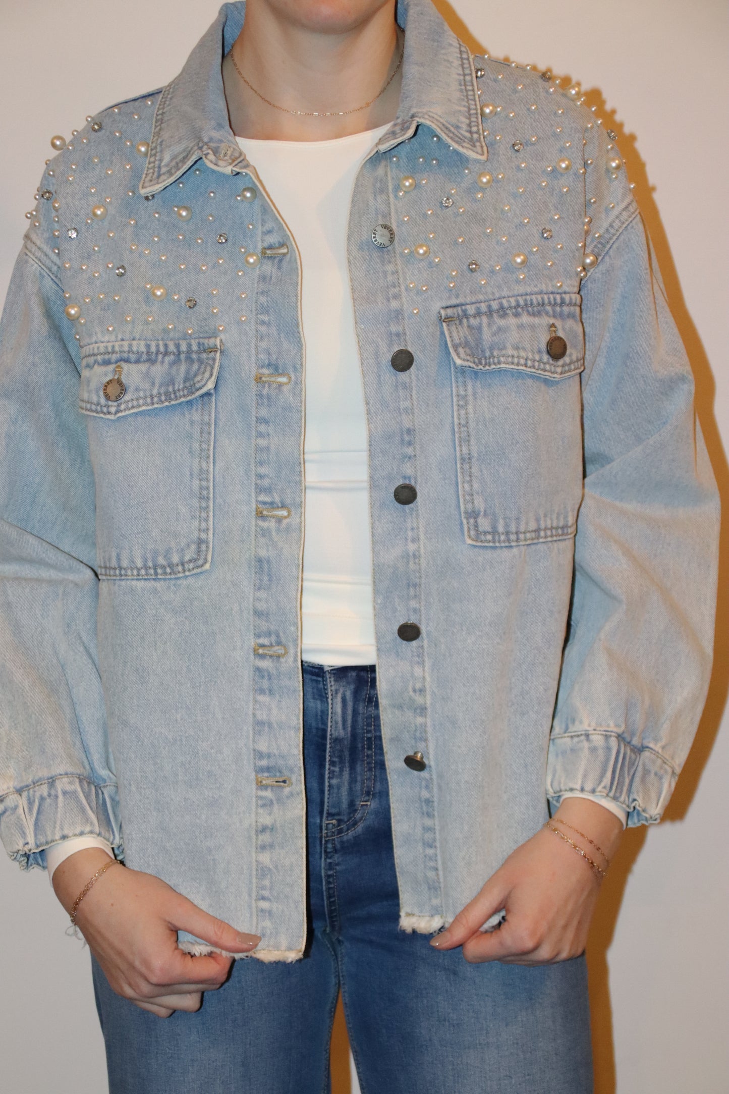 Pearl & Rhinestone Denim Shacket