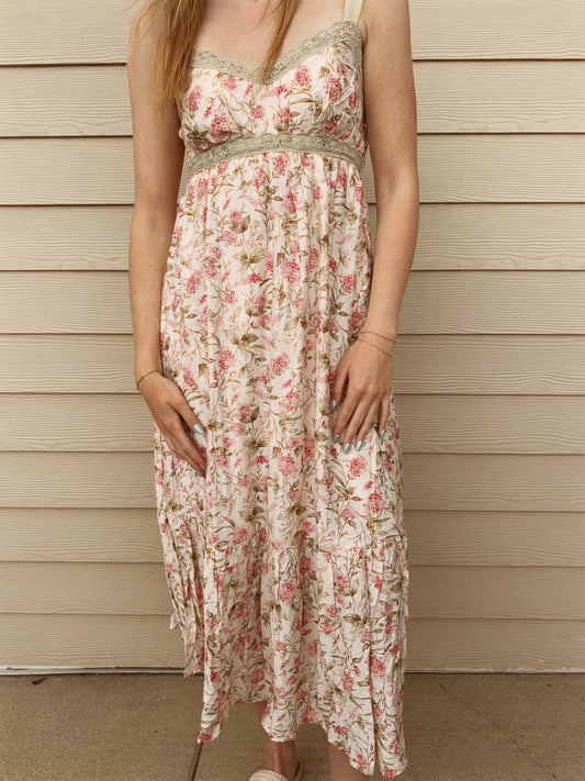 Romantic Floral Lace Trim Midi Dress