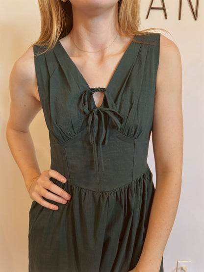 V-Neck Front Tie Fit & Flare Midi Dress