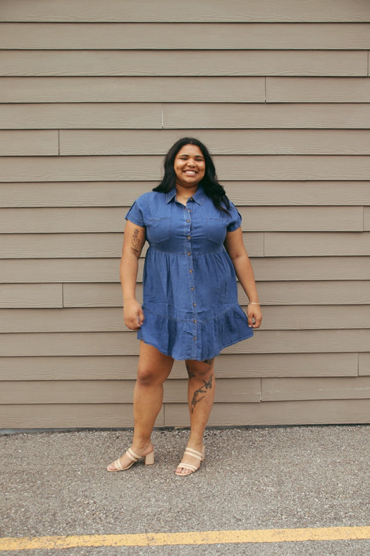 Plus Indigo Ruffle Chambray Mini Dress