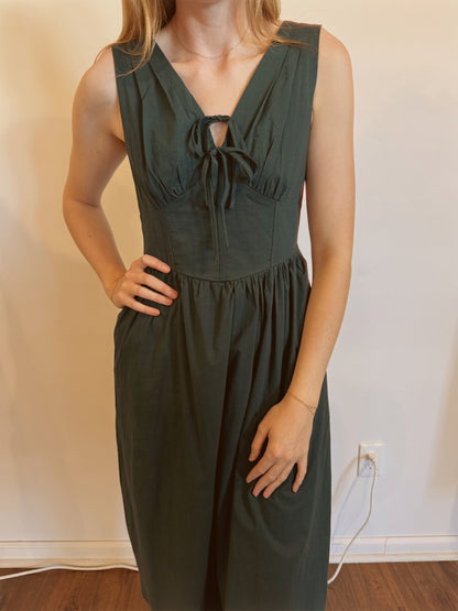 V-Neck Front Tie Fit & Flare Midi Dress