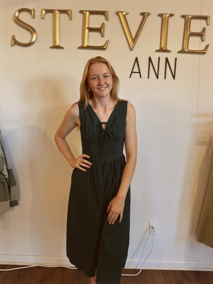 V-Neck Front Tie Fit & Flare Midi Dress