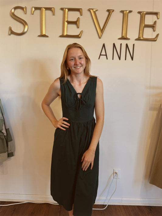 V-Neck Front Tie Fit & Flare Midi Dress