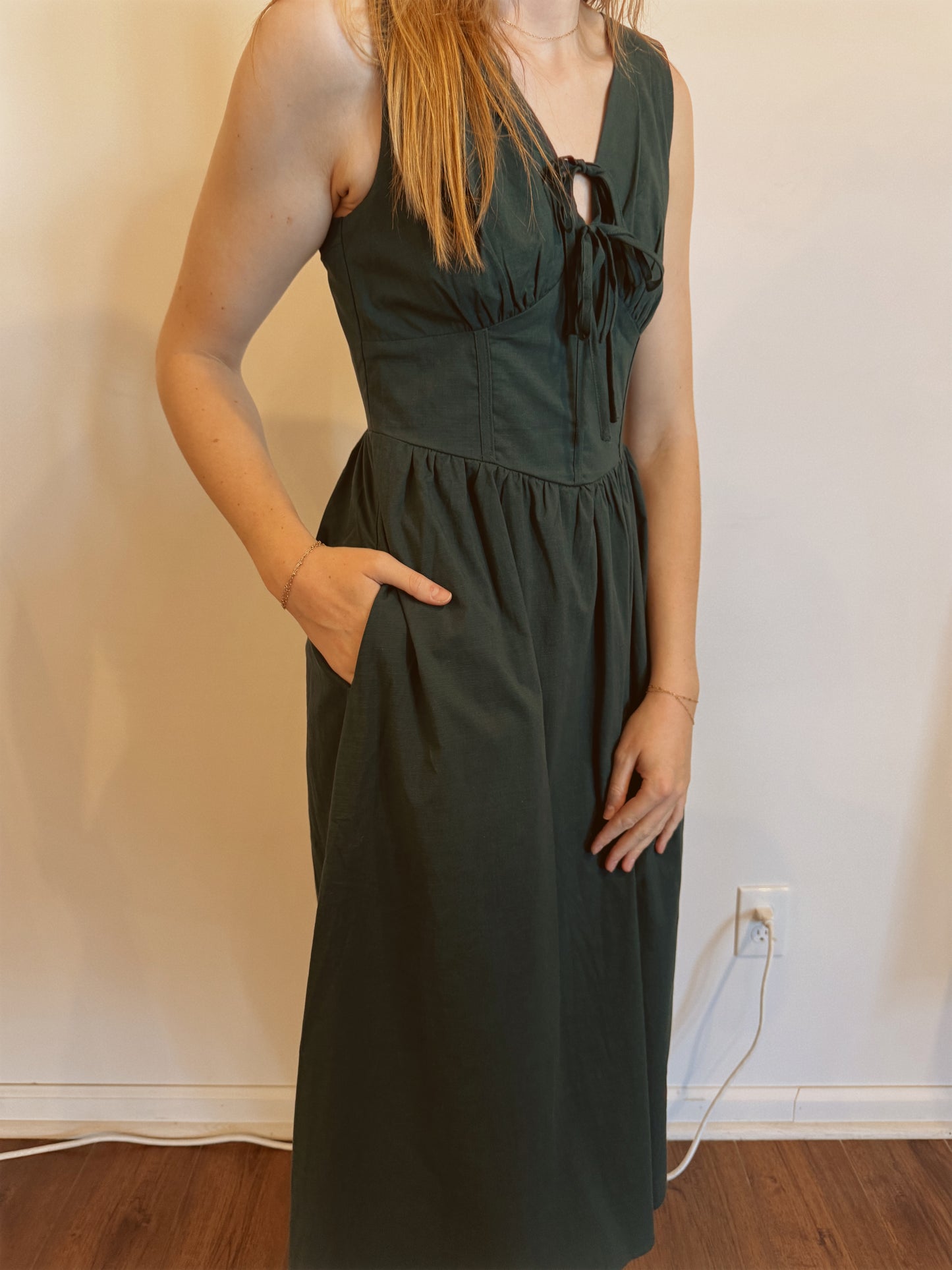 V-Neck Front Tie Fit & Flare Midi Dress