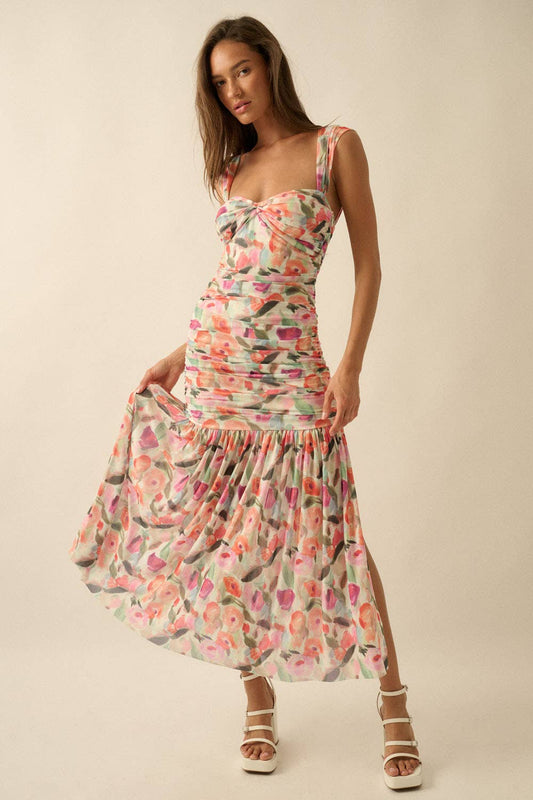 Floral-Print Mesh Maxi Dress