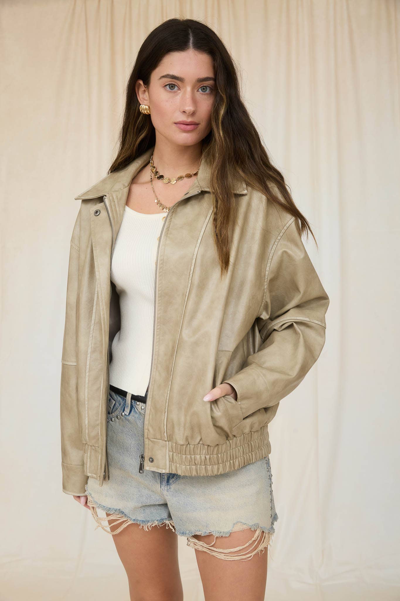 Washed Faux Leather Collared Zip-Up Jacket