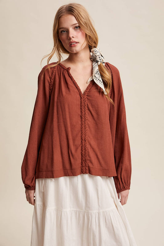 Braided Trim Split V-Neck Blouse