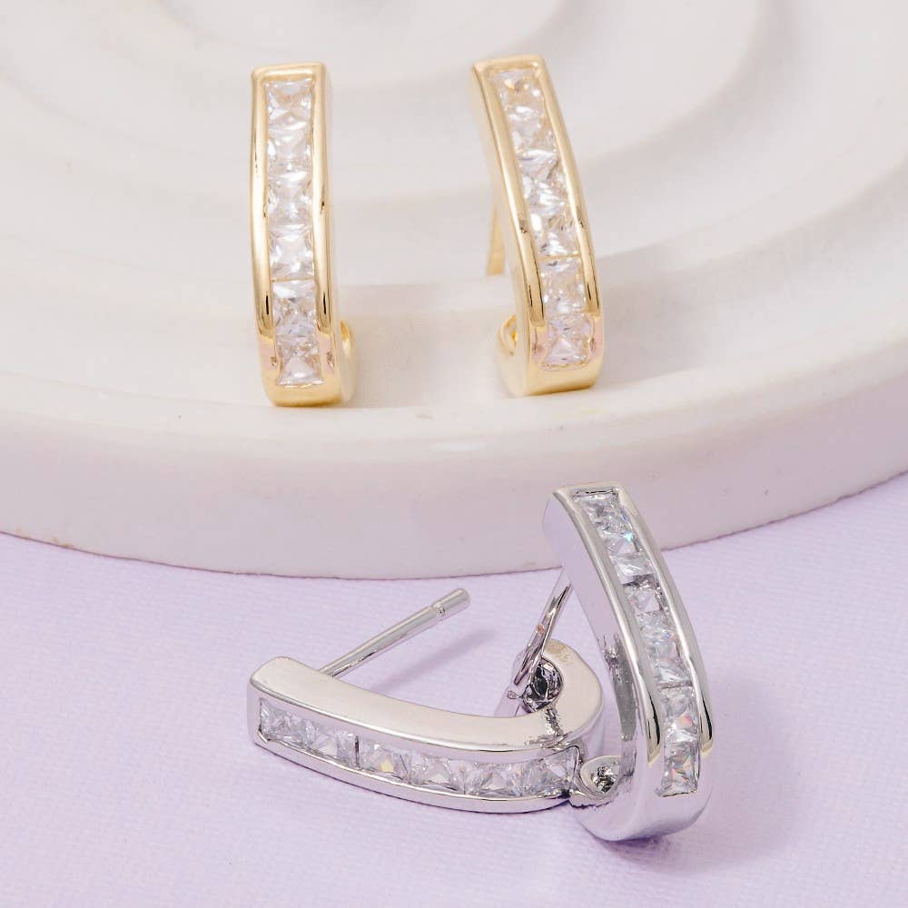 Square Studded Edge J Hoop Earrings
