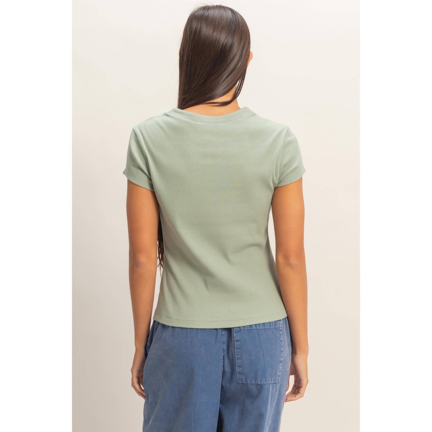 Ribbed Button-Front Crew Neck Top