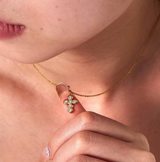 18K Gold Stainless Steel Rhinestone Cross Necklace