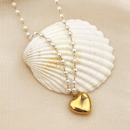 18K Gold Stainless Steel Heart & Pearl Station Necklace
