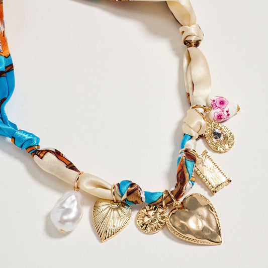 Blue & Ivory Charm Scarf Necklace