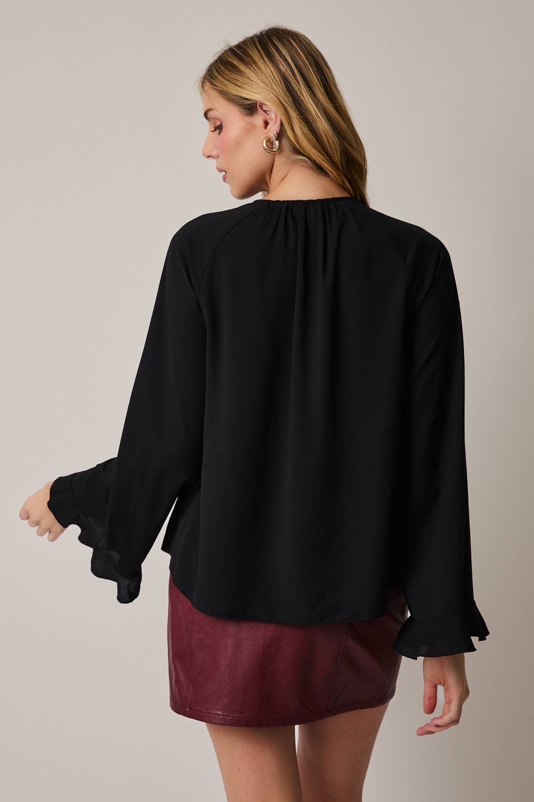 Long Sleeve Front Tie Ruffle Blouse