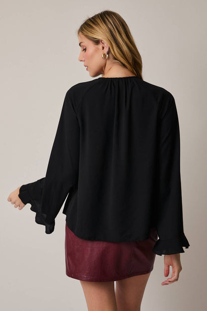 Long Sleeve Front Tie Ruffle Blouse