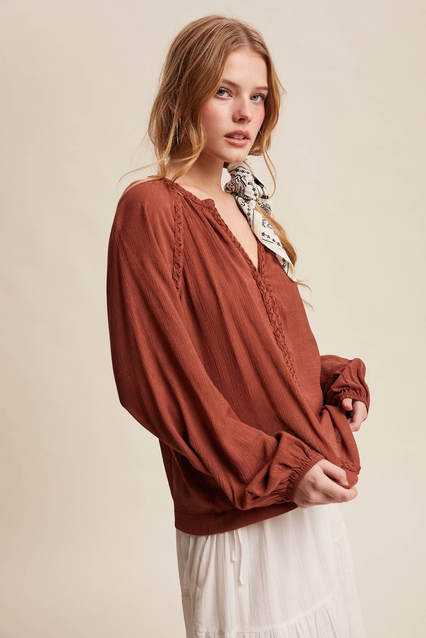 Braided Trim Split V-Neck Blouse
