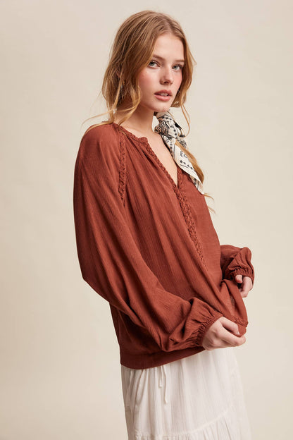 Braided Trim Split V-Neck Blouse