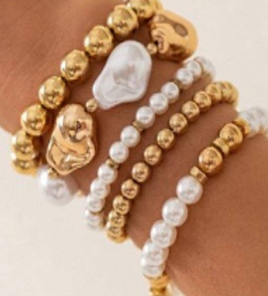 Gold + Pearl Stretch Bracelet Set