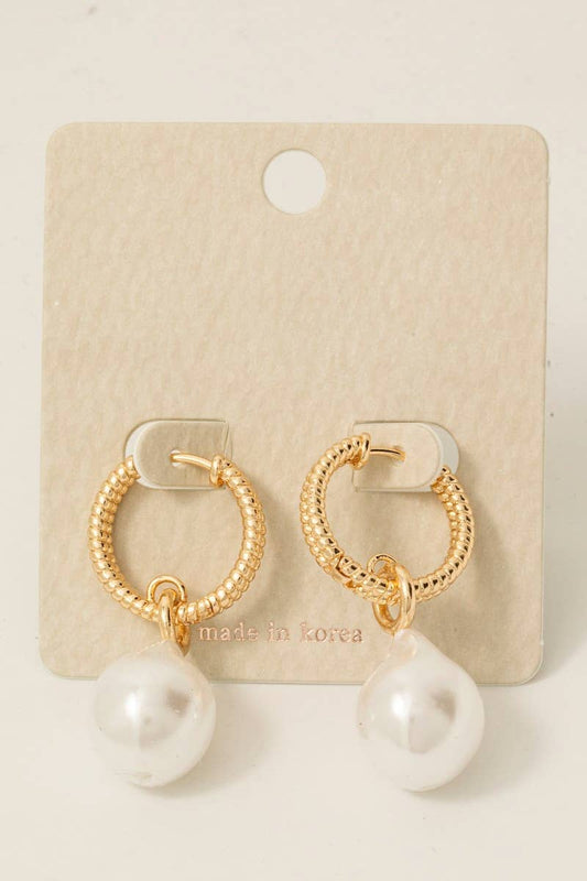 Pearl Bead Charm Hinge Hoop Earrings