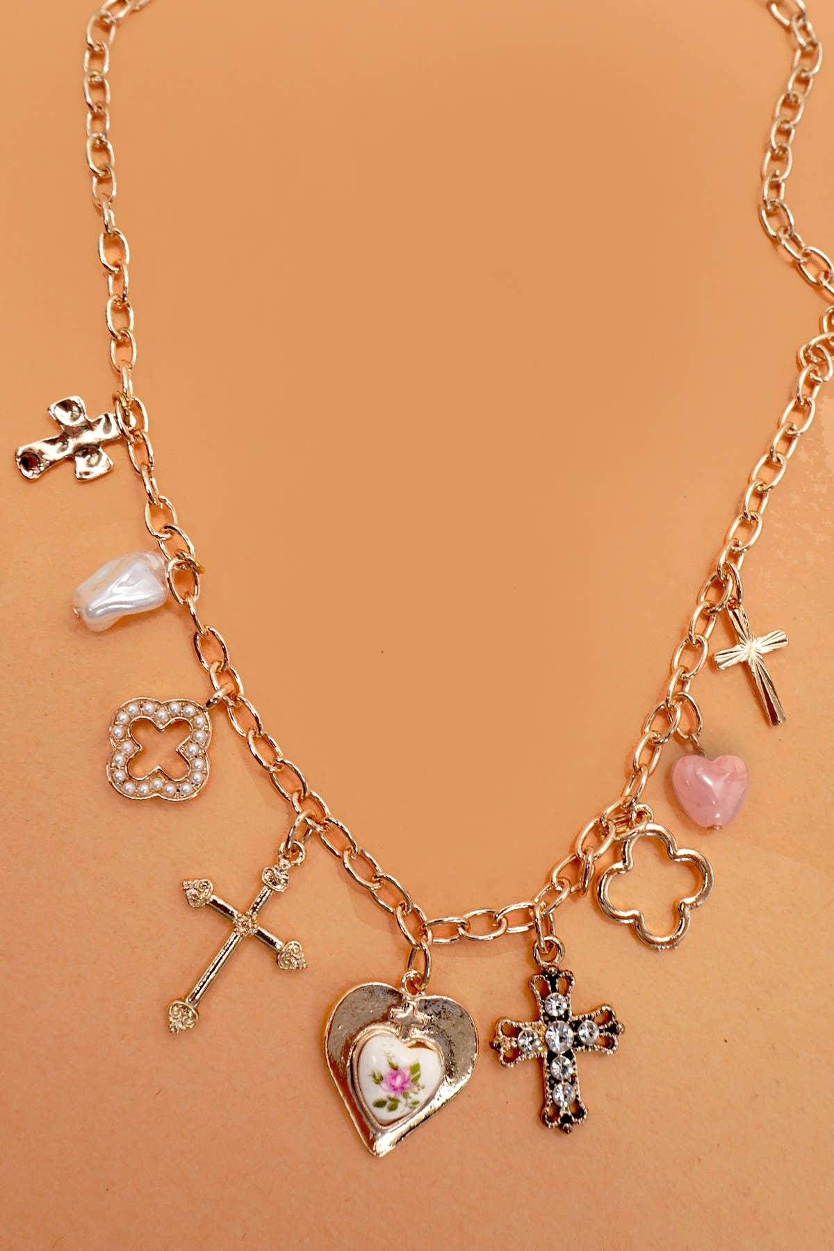 Clover, Cross & Porcelain Flower Charm Necklace