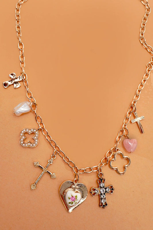 Clover, Cross & Porcelain Flower Charm Necklace