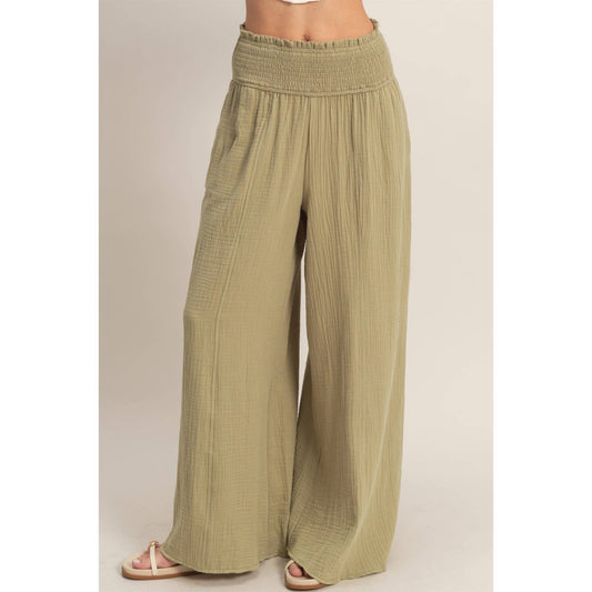 Smocked Waist Wide-Leg Pants