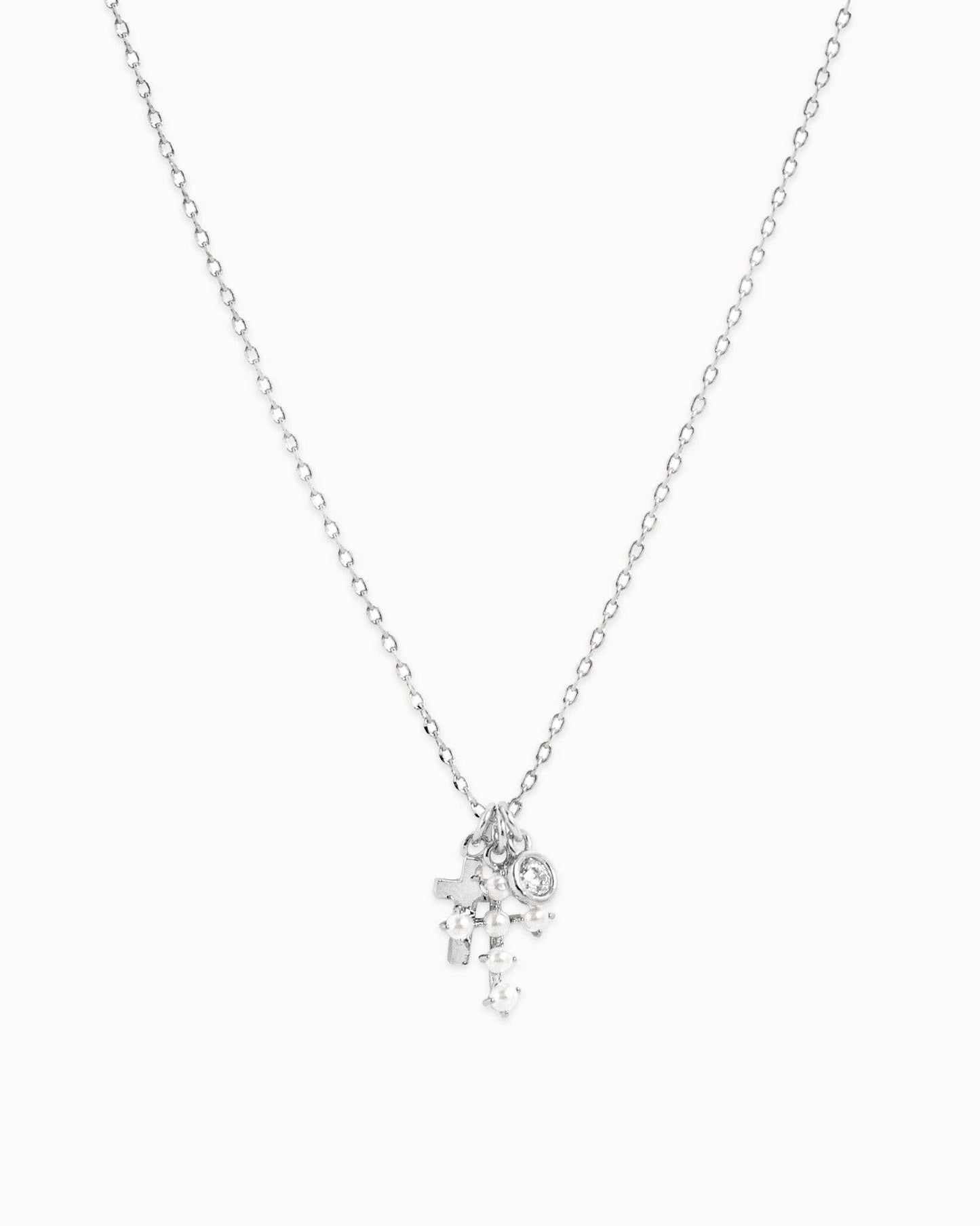 Pearl Cross Triple Charm Pendant Necklace